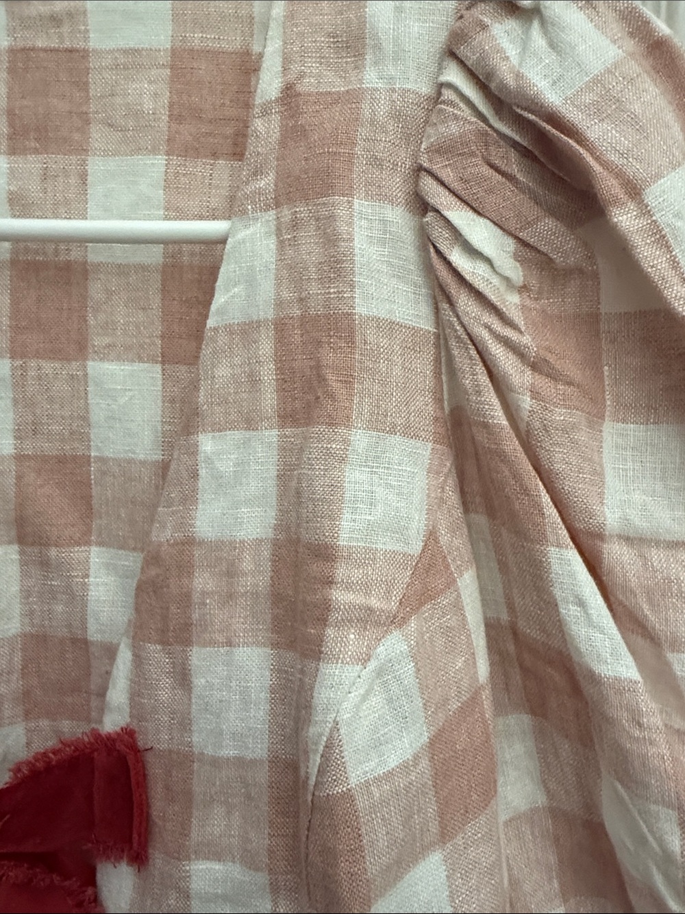 Reformation Pink and White Gingham Puff Sleeve top Red velvet Ribbon Front Ties - Picture 5 of 6